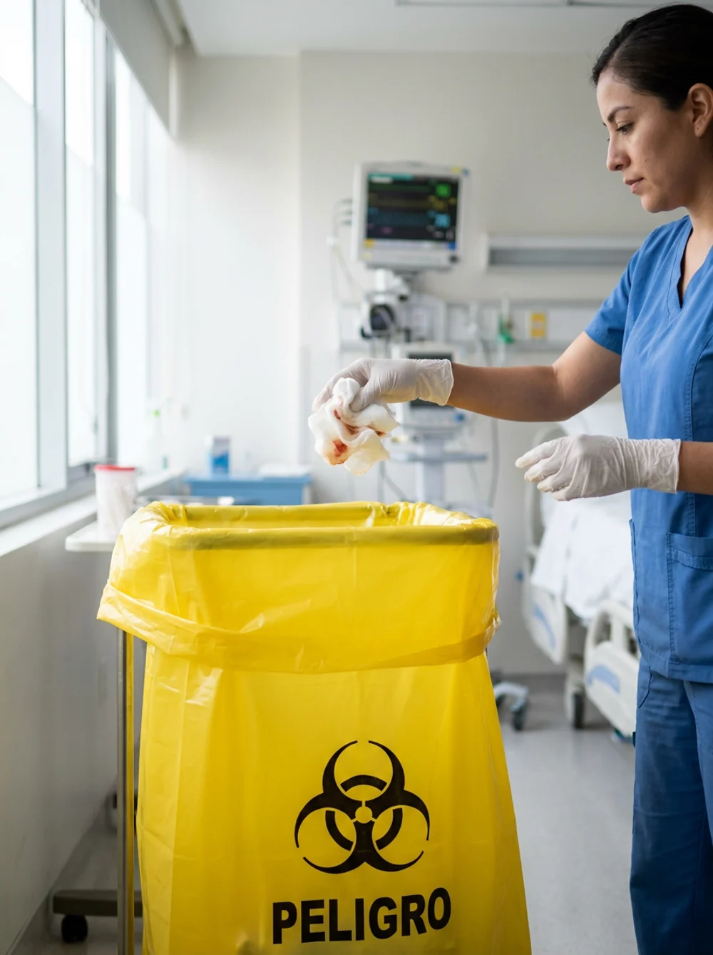 Enfermera depositando residuos en una bolsa amarilla RPBI calibre 200 en una sala de hospital