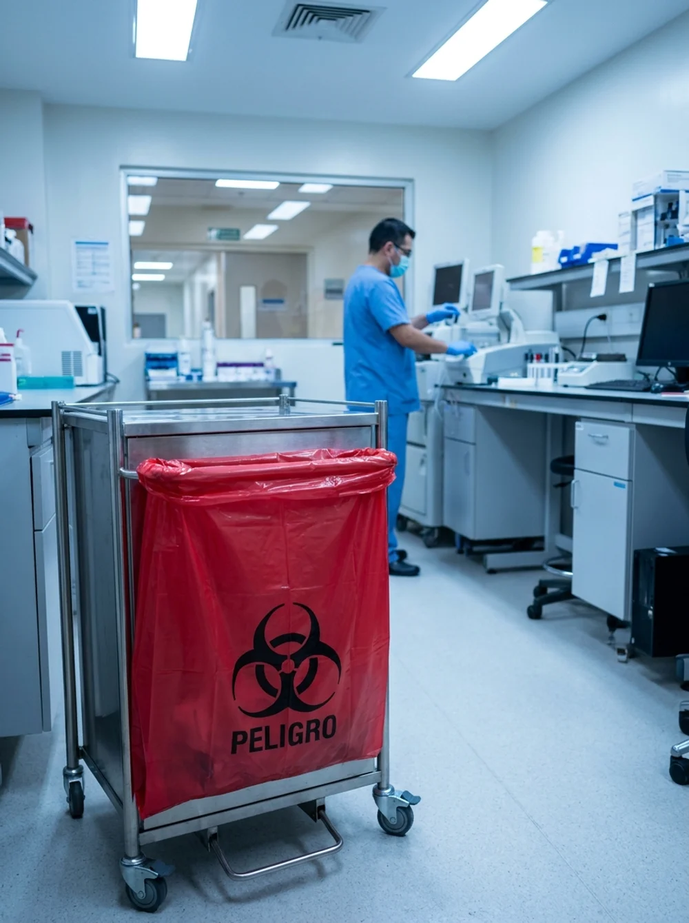 Bolsa roja RPBI en carro de residuos dentro de un laboratorio hospitalario
